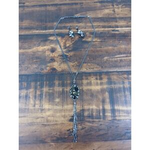 Pendant Tassel Necklace & Matching Pendant Earrings Pewter Tone w Rhinestones‎